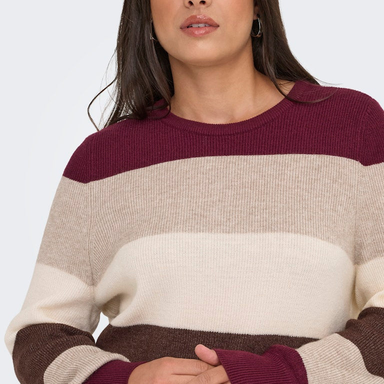 Pullover mit breiten Streifen in weinrot, beige, creme