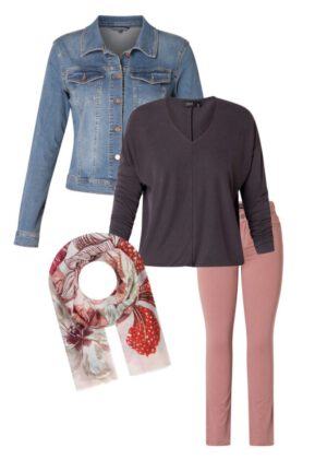 Shop the Look große Größen Casual Outfit mit Jeansjacke dusty colors grau lila rosa