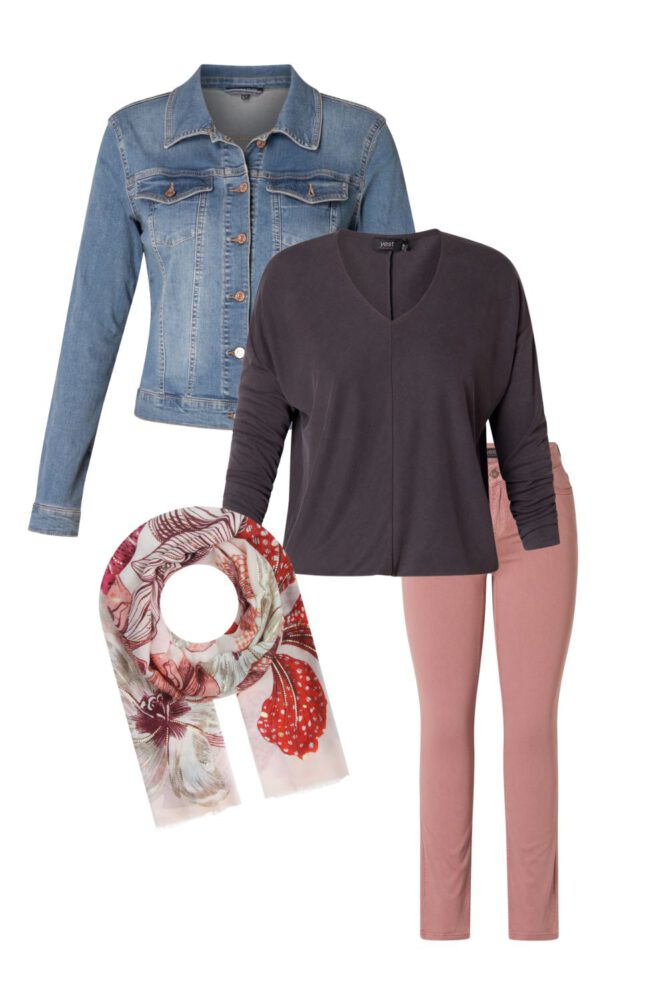 Shop the Look große Größen Casual Outfit mit Jeansjacke dusty colors grau lila rosa