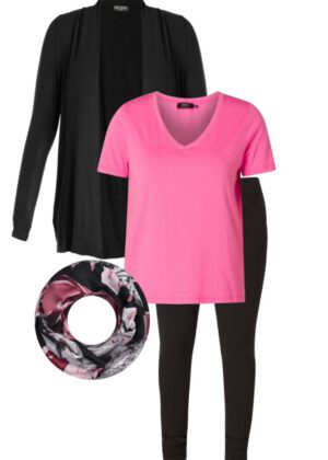 Casual Plus Size Outfit Pink Schwarz Shop the Look Stretchhose T-Shirt Cardigan und Loop bei Lieblingskurve kaufen