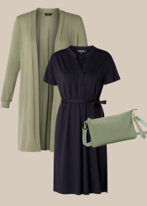 Plus Size Outfit mit Kleid, Jersey-Cardigan und passender Tasche in grün und dunkelblau bei Lieblingskurve kaufen