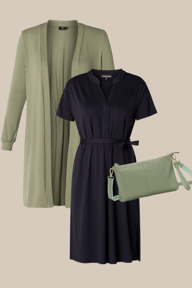 Plus Size Outfit mit Kleid, Jersey-Cardigan und passender Tasche in grün und dunkelblau bei Lieblingskurve kaufen