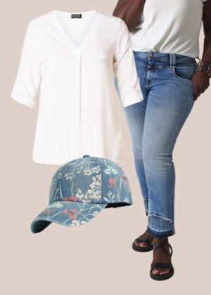 sommerlicher Denimlook mit Jeanshose, weißer Bluse und Baseball-Cap in großen Größen bei Lieblingskurve kaufen