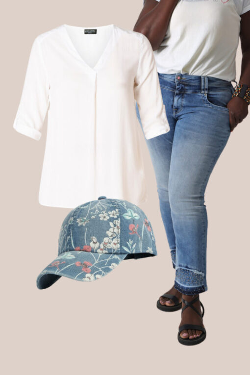 sommerlicher Denimlook mit Jeanshose, weißer Bluse und Baseball-Cap in großen Größen bei Lieblingskurve kaufen