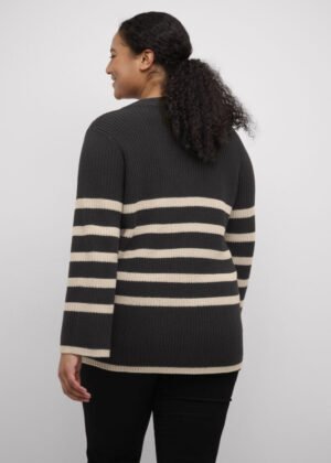 Pullover schwarz und beige gestreift Strickpullover von hinten gezeigt an Figur mit schwarzer Hose kombiniert bei Lieblingskurve kaufen
