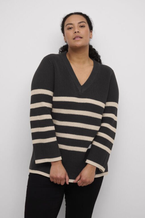 Pullover schwarz mit beigen Streifen und V-Ausschnitt an Figur von vorne gezeigt große Größe bei Lieblingskurve kaufen