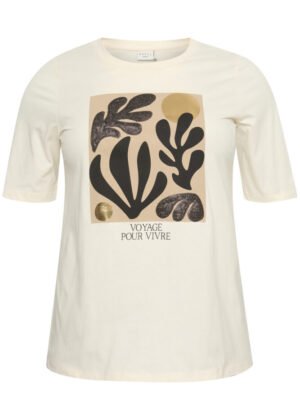 T-Shirt mit Frontprint und Pailetten in beige mit braunem Druck Kaffe Curve Plus Size Große Größen bei Lieblingskurve kaufen