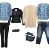 Stylingidee, Outfitidee, Shop the look, hellblaue Bluse mit dunkelblauen Muster, schwarze Skinny-Jeans, schwarzer Kunstlederjacke, schwarzer Gürtel, beige Strickjacke, dunkelblaue Handtasche, blaue Jeans, bestellen bei Lieblingskurve bestellen