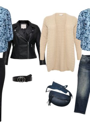 Stylingidee, Outfitidee, Shop the look, hellblaue Bluse mit dunkelblauen Muster, schwarze Skinny-Jeans, schwarzer Kunstlederjacke, schwarzer Gürtel, beige Strickjacke, dunkelblaue Handtasche, blaue Jeans, bestellen bei Lieblingskurve bestellen
