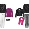 Stylingidee, Outfit Idee, Shop the Look, Schwarze Bluse mit weißen und rosa Blumen, weiße Skinny-Jeans, pinker Cardigan, schwarzer Gürtel, schwarze Kunstlederjacke, pinker Schal, schwarze Skinny-Jeans, bestellen bei Lieblingskurve