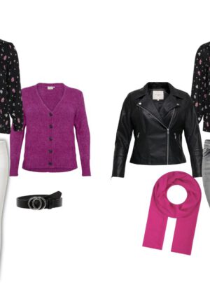Stylingidee, Outfit Idee, Shop the Look, Schwarze Bluse mit weißen und rosa Blumen, weiße Skinny-Jeans, pinker Cardigan, schwarzer Gürtel, schwarze Kunstlederjacke, pinker Schal, schwarze Skinny-Jeans, bestellen bei Lieblingskurve