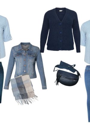 Stylingidee Outfitidee Shop the Look, hellblaue Bluse mit Jeansrock, Jeansjacke, Jeans und dunkelblauem Cardigan mit Schal und Bodybag, bei Lieblingskurve bestellen